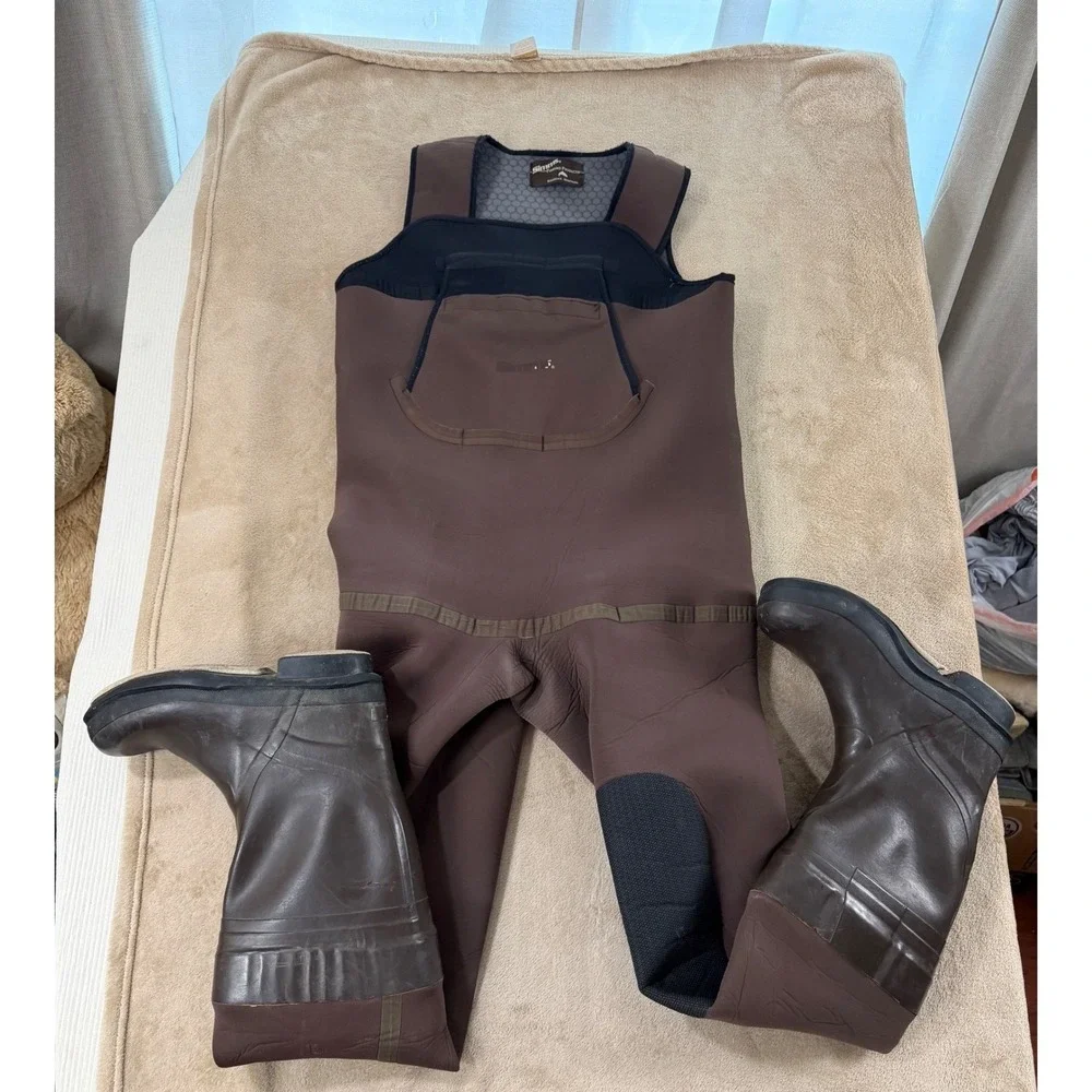 Simms Fishing Waders Neoprene Brown Integrated Boots Men Size Large Fishing Gear